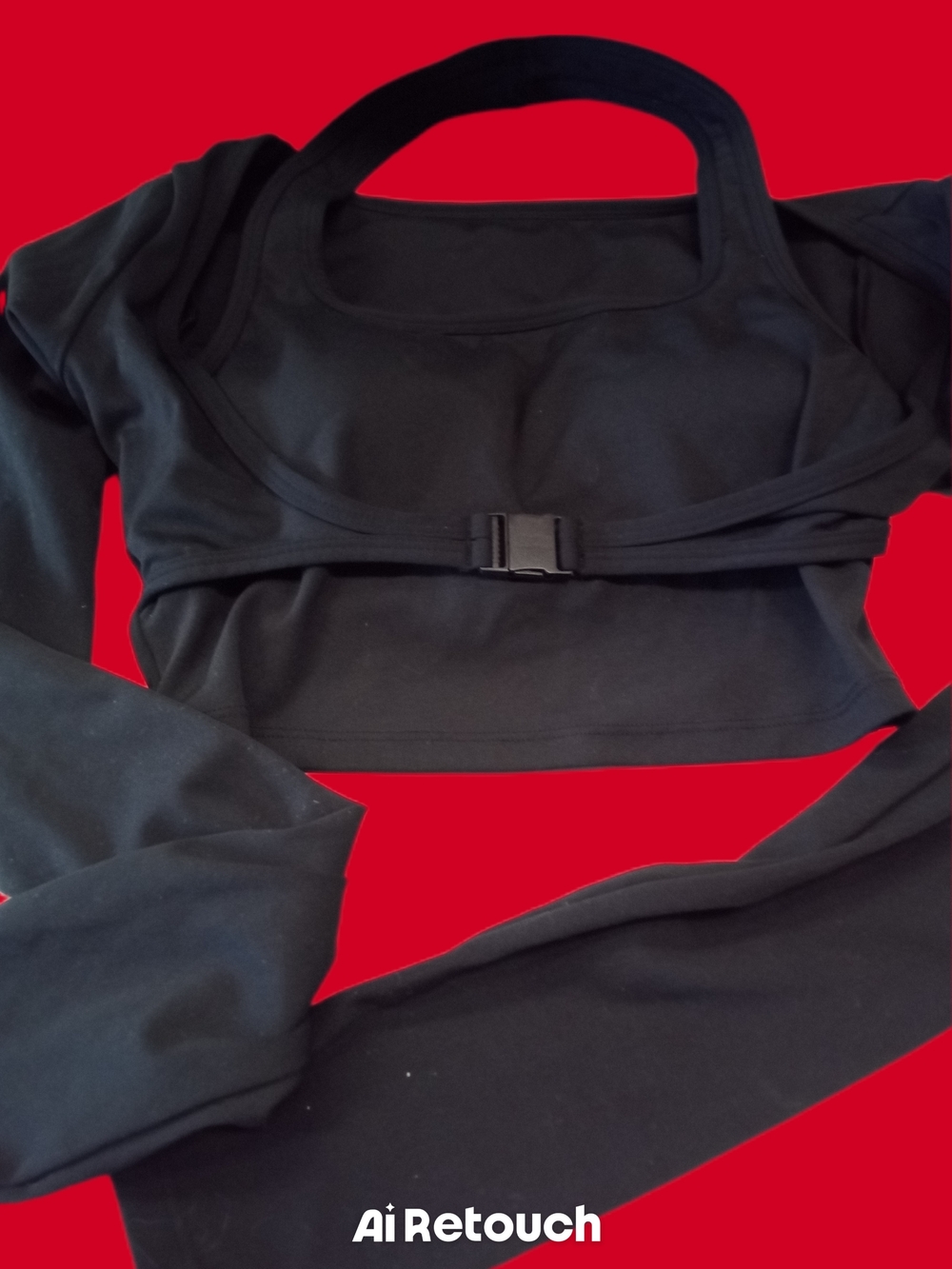 Black Long Sleeve Cropped Buckle Top -